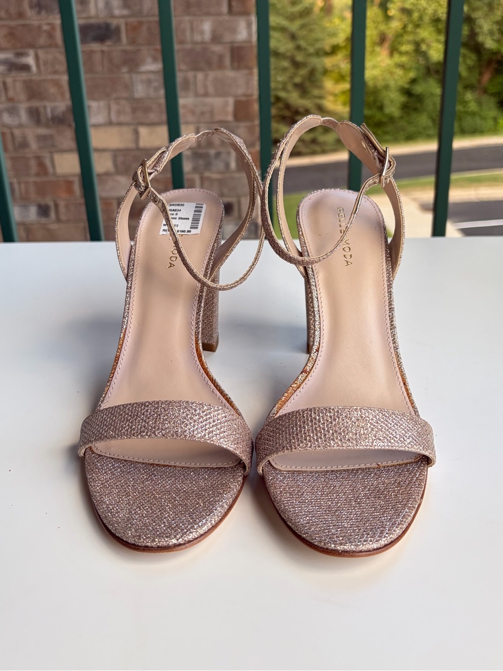🌾Pelle Moda Size 9M Rose Gold Glitter Ankle Strap Block Heel Sandals Party Chic - Picture 4 of 17